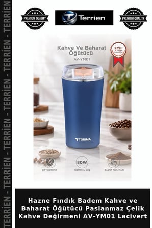 Hazne Fındık Badem Kahve ve Baharat Öğütücü Paslanmaz Çelik Kahve Değirmeni AV-YM01 Lacivert