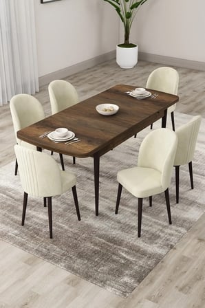 Roe Serisi Açılabilir 80x132 Barok Ahşap Desen Masa Takımı Ve 6 Krem Sandalye