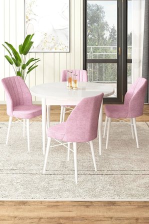 Rox Serisi Yuvarlak 90x90 Beyaz Sabit Masa 4 Pembe Sandalye Mutfak Masası Takımı
