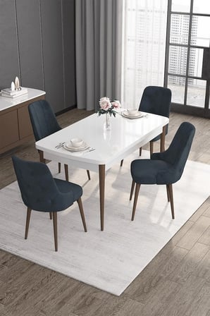 Roy Serisi 80x132 Mdf Beyaz Masa Ceviz Ayak Masa Takımı Ve 4 Antrasit Sandalye