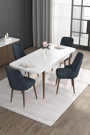Roy Serisi 80x132 Mdf Beyaz Masa Ceviz Ayak Masa Takımı Ve 4 Antrasit Sandalye