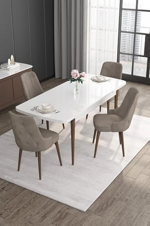 Roy Serisi 80x132 Mdf Beyaz Masa Ceviz Ayak Masa Takımı Ve 4 Cappucino Sandalye