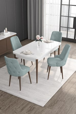 Roy Serisi 80x132 Mdf Beyaz Masa Ceviz Ayak Masa Takımı Ve 4 Su Yeşili Sandalye