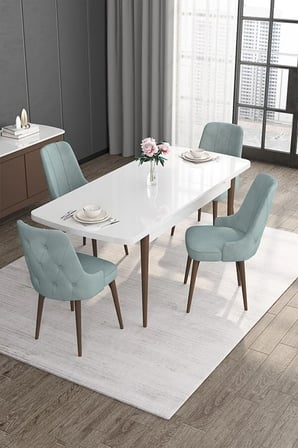Roy Serisi 80x132 Mdf Beyaz Masa Ceviz Ayak Masa Takımı Ve 4 Su Yeşili Sandalye