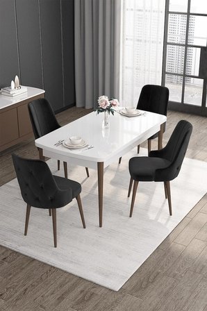 Roy Serisi 80x132 Mdf Beyaz Masa Ceviz Ayak Masa Takımı Ve 4 Siyah Sandalye