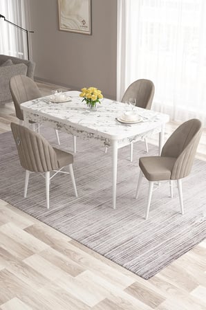 Roz Serisi 80x132 Mdf Beyaz Mermer Desen Masa Takımı Ve 4 Gümüş Detay Cappucino Sandalye