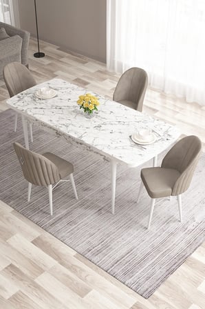 Roz Serisi 80x132 Mdf Beyaz Mermer Desen Masa Takımı Ve 4 Gümüş Detay Cappucino Sandalye