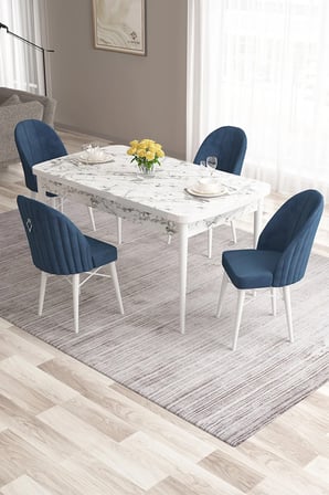Roz Serisi 80x132 Mdf Beyaz Mermer Desen Masa Takımı Ve 4 Gümüş Detay Lacivert Sandalye