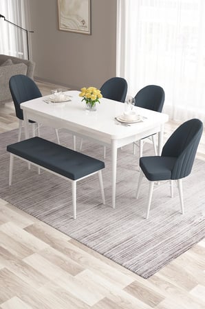 Roz Serisi 80x132 Mdf Beyaz Masa Takımı 4 Antrasit Sandalye Ve 1 Bench