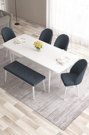 Roz Serisi 80x132 Mdf Beyaz Masa Takımı 4 Antrasit Sandalye Ve 1 Bench