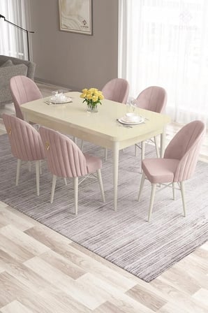 Roz Serisi 80x132 Mdf Açılabilir Krem Mutfak Masası Takımı ve 6 Antrasit Sandalye Gold Halkalı