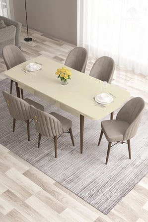 Roz Serisi 80x132 Mdf Krem Masa Ceviz Ayak Mutfak Masası 6 Cappucino Sandalye Gold Halka