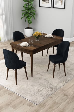 Rut Serisi Açılabilir 80x132 Barok Ahşap Desen Yemek Odası Takımı ve 4 Antrasit Sandalye