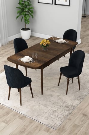Rut Serisi Açılabilir 80x132 Barok Ahşap Desen Yemek Odası Takımı ve 4 Antrasit Sandalye