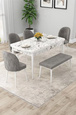 Rut Serisi Açılabilir 80x132 Beyaz Mermer Desen Mutfak Masası Takımı 4 Siyah Sandalye 1 Bench