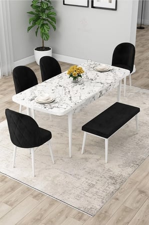 Rut Serisi,80x132 Mdf Beyaz Mermer Desen Yemek Masası 6 Siyah Sandalye