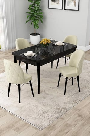Rut Serisi Açılabilir 80x132 Siyah Mermer Desen Yemek Odası Takımı ve 4 Krem Sandalye