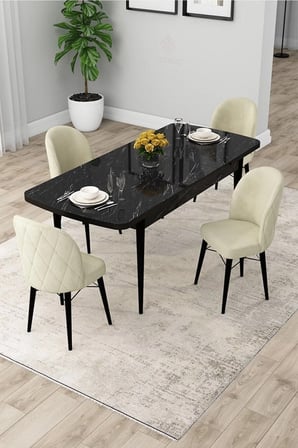 Rut Serisi Açılabilir 80x132 Siyah Mermer Desen Yemek Odası Takımı ve 4 Krem Sandalye