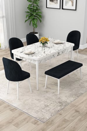 Rut Serisi Açılabilir 80x132 Beyaz Mermer Desen Yemek Odası Takımı 4 Antrasit Sandalye 1 Bench