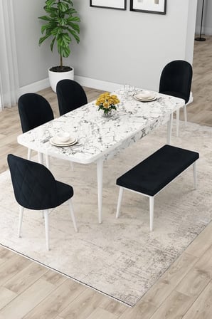 Rut Serisi Açılabilir 80x132 Beyaz Mermer Desen Yemek Odası Takımı 4 Antrasit Sandalye 1 Bench