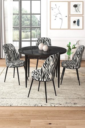 Tor Serisi Yuvarlak 90x90 Siyah Mermer Desen Sabit Masa Takımı Ve 4 Zebra Desen Sandalye