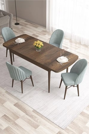 Ves Serisi 80x132 MDF Açılabilir Barok Ahşap Desen Mutfak Masası 4 Su Yeşili Sandalye