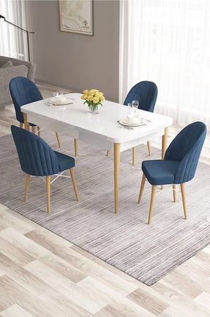 Ves Serisi 80x132 Mdf Beyaz Mutfak Masası Beyaz Kafesli 4 Lacivert Sandalye Doğal Ahşap Ayaklı