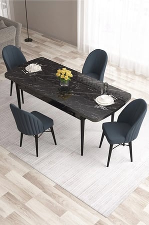 Ves Serisi 80x132 Mdf Açılabilir Siyah Mermer Desen Mutfak Masası 4 Antrasit Sandalye