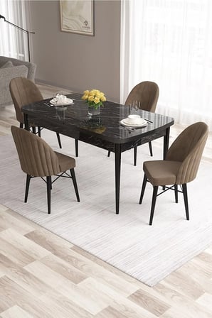 Ves Serisi 80x132 MDF Açılabilir Siyah Mermer Desen Mutfak Masası 4 Kahve Sandalye