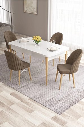 Ves Serisi 80x132 Mdf Beyaz Doğal Ahşap Ayak Masa 4 Kahverengi Sandalye Mutfak Masası Takımı
