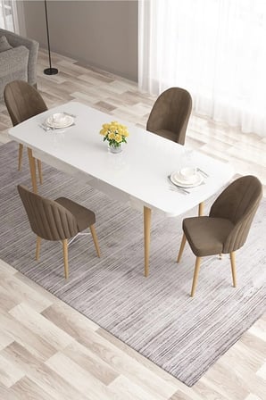 Ves Serisi 80x132 Mdf Beyaz Doğal Ahşap Ayak Masa 4 Kahverengi Sandalye Mutfak Masası Takımı
