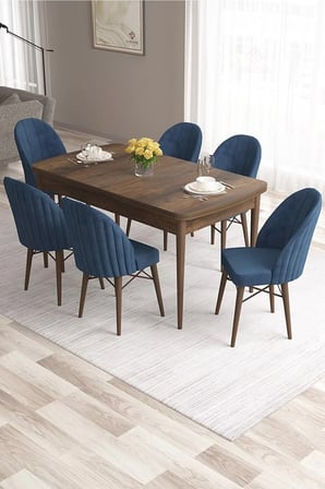 Ves Serisi 80x132 Mdf Açılabilir Barok Ahşap Desen Masa 6 Lacivert Sandalye Mutfak Masası Takımı