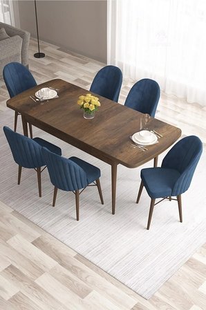 Ves Serisi 80x132 Mdf Açılabilir Barok Ahşap Desen Masa 6 Lacivert Sandalye Mutfak Masası Takımı