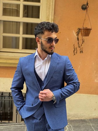 Dupont Erkek Slim Fit 6 Drop Yelekli Takım Elbise - Sivri Yaka Çift Yırtmaçlı