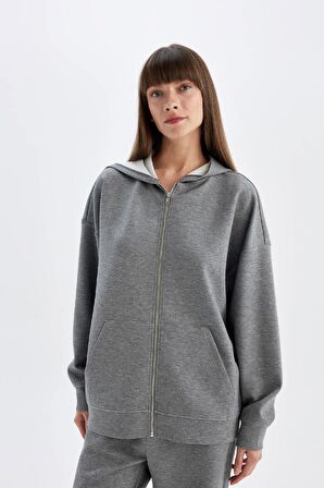 DeFacto Oversize Geniş Kalıp Kapüşonlu Basic Düz Skuba Dalgıç Kumaş Cepli Fermuarlı Sweatshirt C6871AX24AUGR210