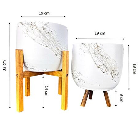 Ev Dekorasyon Aksesuar Beyaz Üzeri Gold Mermer Efektli Toprak Saksı Saksılık Salon Çiçeklik İkili Set 3 Ayaklı- 4 Ayaklı- 19 CM