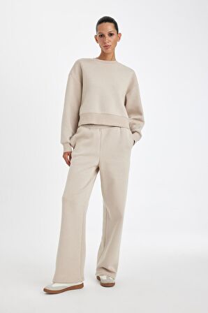 DeFacto Straight Fit Beli Lastikli Eşofman Altı Yüksek Bel Cepli Kalın Basic Düz B8571AX24WNBG187