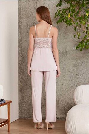 Pierre Cardin Dantelli Sabahlıklı Penye Pijama Takımı Pudra
