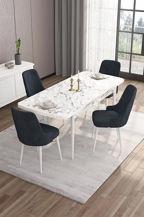 İza Serisi 80x132 Açılabilir Mdf Mutfak Masası Takımı Beyaz Mermer Desen Masa 4 Antrasit Sandalye