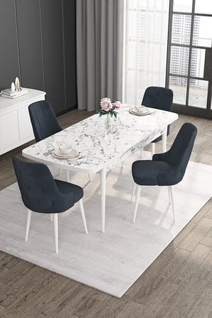 Roy Serisi 80x132 Mdf Beyaz Mermer Desen Masa Takımı Ve 4 Antrasit Sandalye