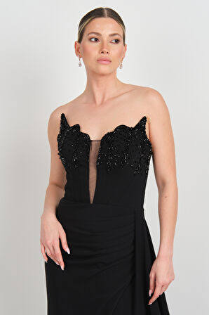 Mor Sposa Kadın Derin Yırtmaçlı Göğsü Taş İşlemeli Krep Kumaş Abiye Elbise 7636 Siyah