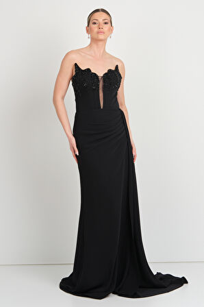 Mor Sposa Kadın Derin Yırtmaçlı Göğsü Taş İşlemeli Krep Kumaş Abiye Elbise 7636 Siyah