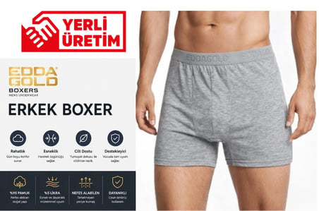 Edda GOLD Erkek Boxer 3'lü Gri XXL – Pamuklu Likralı Esnek Rahat Penye İç Çamaşırı