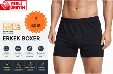 Edda GOLD Erkek Boxer 3'lü Siyah XXL – Pamuklu Likralı Esnek Rahat Penye İç Çamaşırı