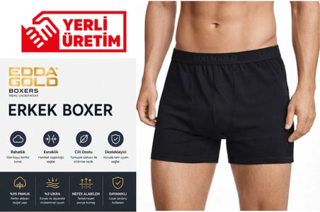 Edda GOLD Erkek Boxer 3'lü Siyah XXL – Pamuklu Likralı Esnek Rahat Penye İç Çamaşırı