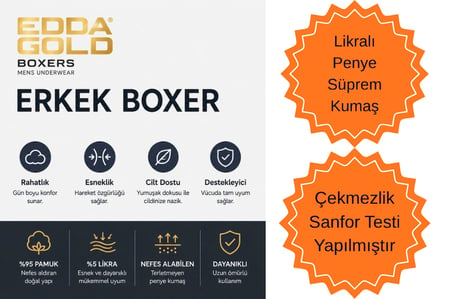 Edda GOLD Erkek Boxer 3'lü Siyah XXL – Pamuklu Likralı Esnek Rahat Penye İç Çamaşırı