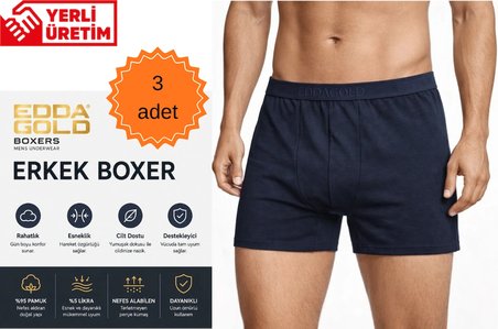 Edda GOLD Erkek Boxer 3'lü Lacivert S – Pamuklu Likralı Esnek Rahat Penye İç Çamaşırı