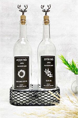 Siyah Geyik Mantar Tıpalı Siyah Metal Bölmeli Standlı 750 ml Şeffaf Şişe Etiket Yağdanlık Yağlık