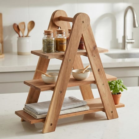 Doğal Akasya Ahşap 3 Katlı Sunum Standı - 37x12.3x37.5 cm Çok Amaçlı Katlı Servis Tepsisi, Kurabiyelik ve Peynir Sunumluğu