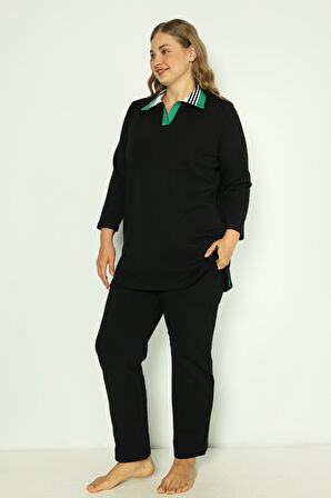 Siyah Kadın Büyük Beden Pamuklu İnterlok Truvakar Kollu Cepli Biyeli Alt-Üst Eşofman Takımı